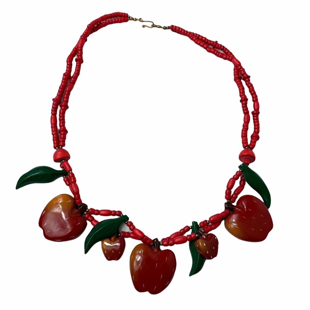 Vintage Wooden Painted Red Apples Kitschy Necklace - Picture 1 of 5